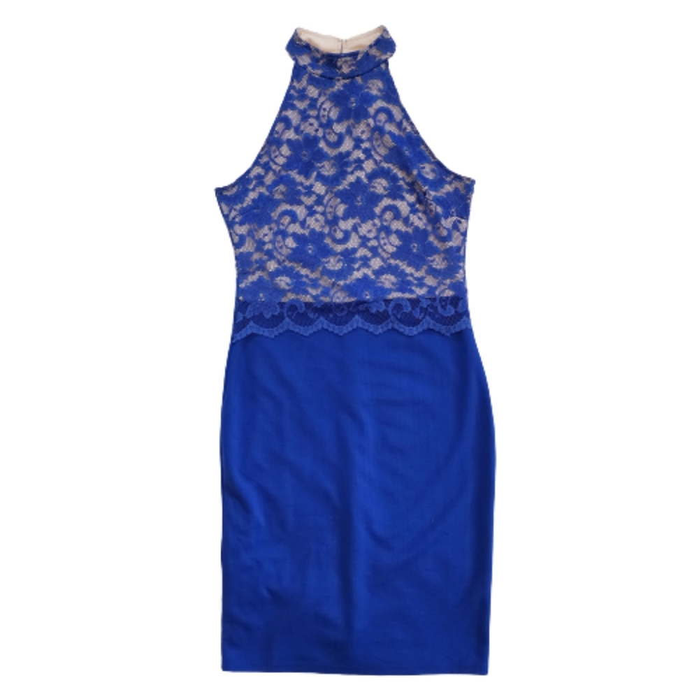 Blue Short Sleeve Pencil Dress Mock Neck